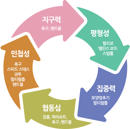 지구력, 평형성, 집중력, 협동심, 민첩성